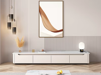 White Modern TV Stand with Decorative Items and Modern Art Painting on Striped Accent Wall 3d model