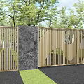 Building Exterior Wall Featuring Wooden Lattice Design Stone Panel Surrounded By Green Trees Grass