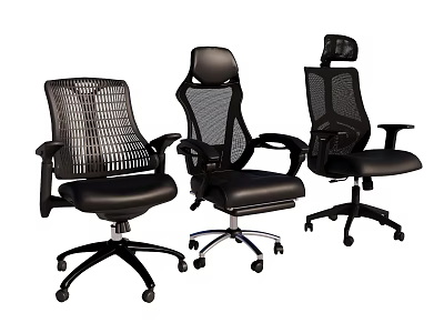 Three Stylish Black Mesh Office Chairs With Ergonomic Backrest And Rolling Wheels 3d model