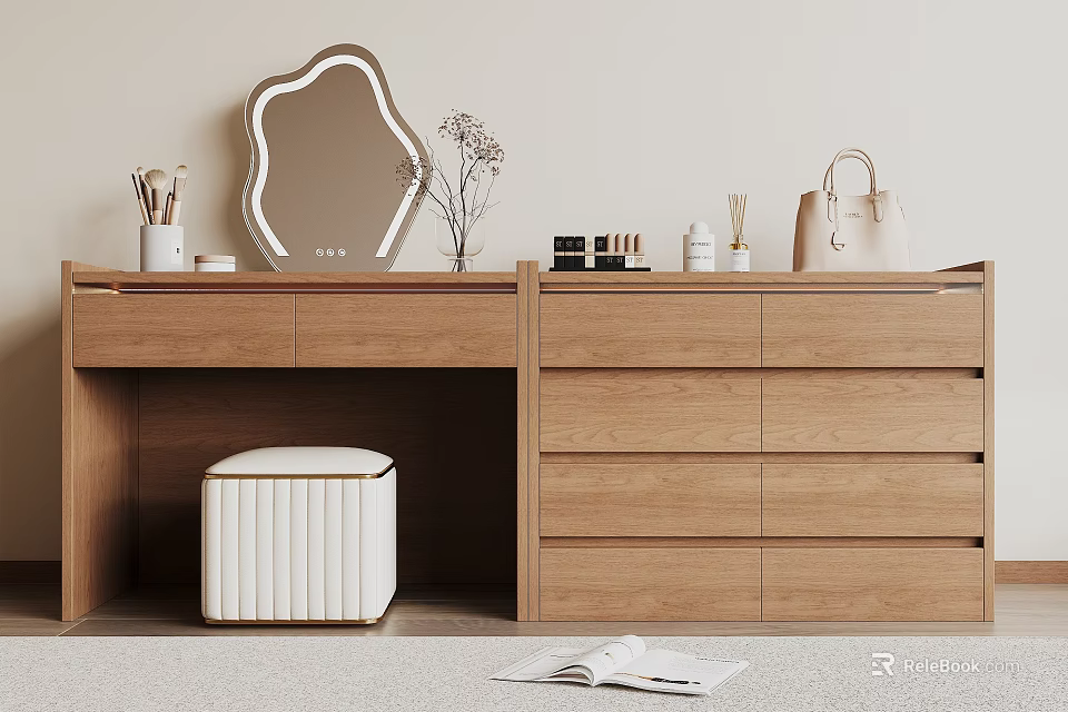 Modern Wooden Dressing Table With Unique Shaped Mirror White Padded Stool And Cosmetics 3d model