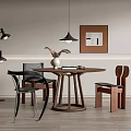 Modern Round Wooden Dining Table Set With Designer Chairs Pendant Lights And Wall Art