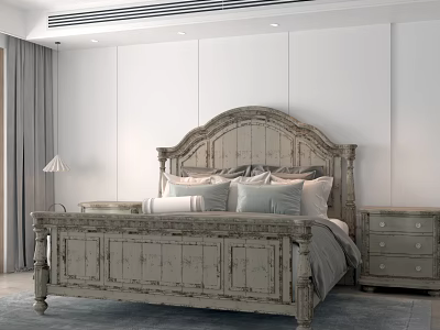 Rustic Light Gray Wooden Double Bed With Headboard Nightstand And Curtains In White Bedroom 3d model
