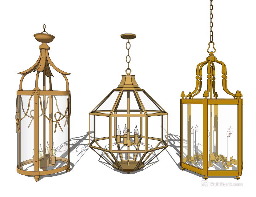 Elegant Classic Metal Frame Chandeliers With Glass Panels And Vintage Designs 3d model 