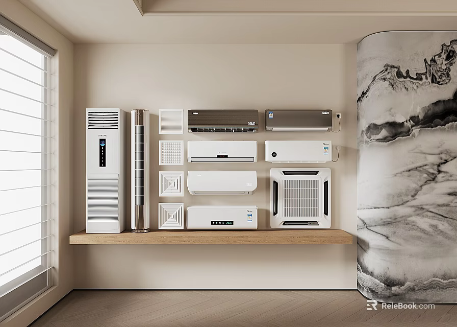 Different Types of Air Conditioners and Fans on Wall Shelf in Modern Interior 3d model 