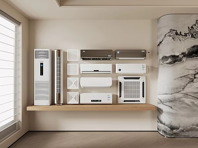 Different Types of Air Conditioners and Fans on Wall Shelf in Modern Interior 3d model