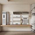 Different Types of Air Conditioners and Fans on Wall Shelf in Modern Interior