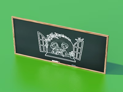 Wooden Framed Blackboard With White Hand Drawn Kids By Window And Star Decorations 3d model