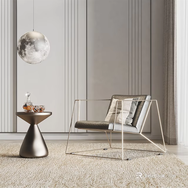 Elegant Leisure Chair With Gray Striped Wall Moon Shaped Pendant Light Side Table Decorative Items And Soft Rug 3d model 