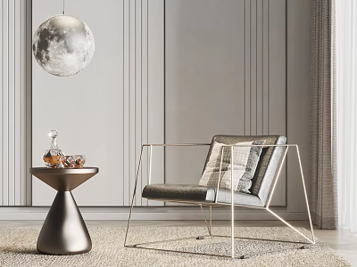 Elegant Leisure Chair With Gray Striped Wall Moon Shaped Pendant Light Side Table Decorative Items And Soft Rug 3d model