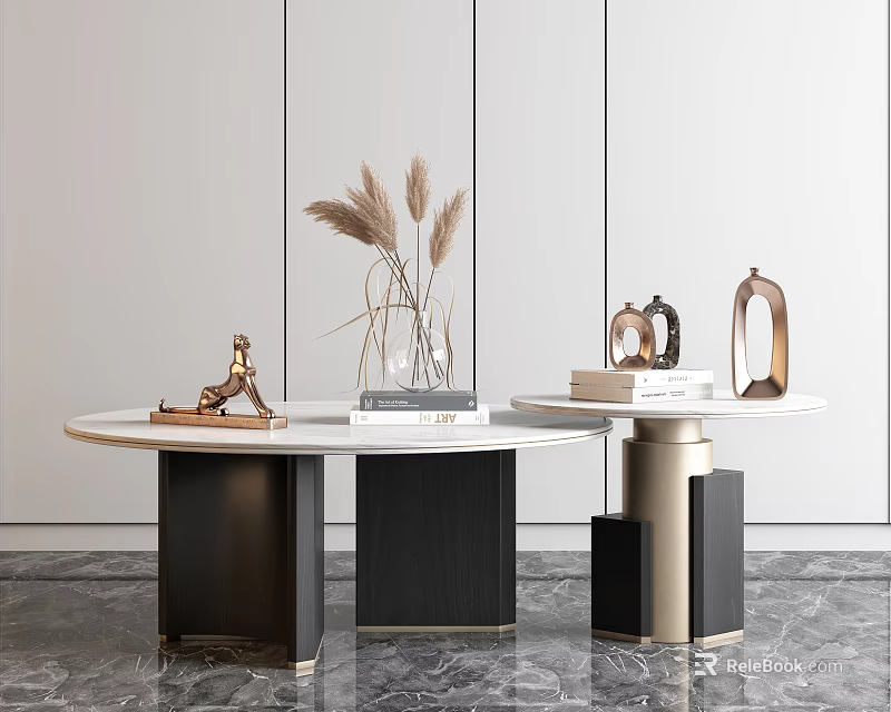 Elegant Modern Coffee Table with Marble Top Black Gold Base and Decorative Objects 3d model