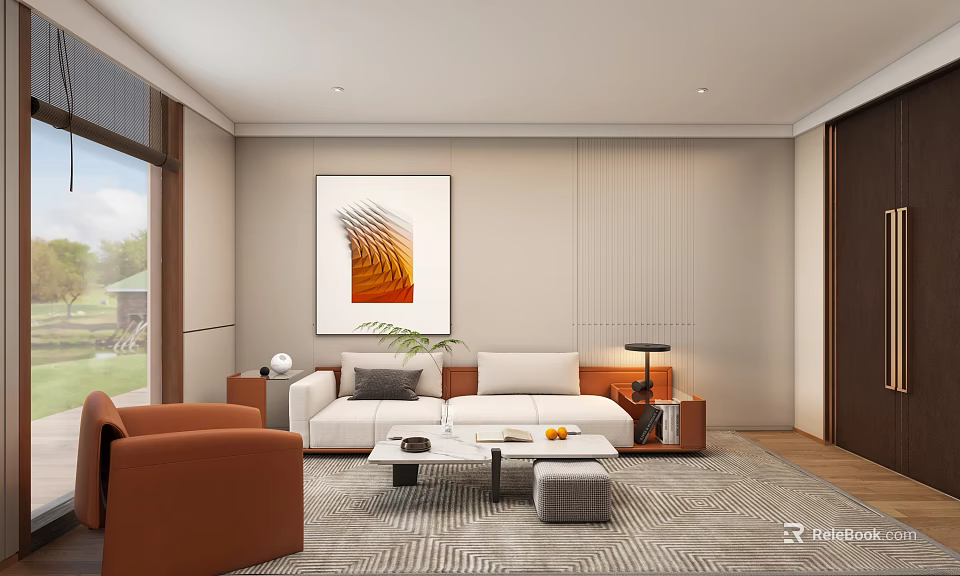 Modern Office Interior Design With Comfortable Sofa Coffee Table Wall Art And Large Windows 3d model 