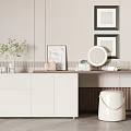 Modern Dressing Table With Wooden Top Round LED Mirror Beige Stool And Wall Art