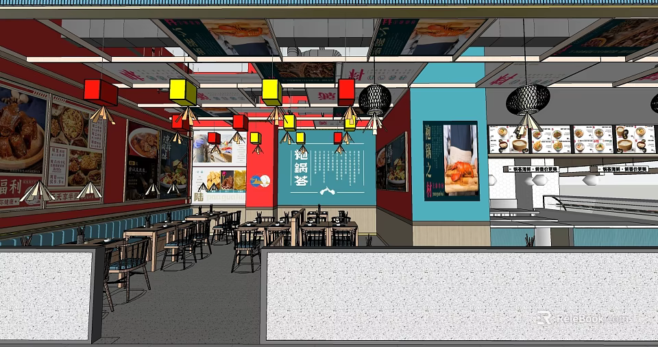 Colorful Restaurant Interior With Red Blue Walls Hanging Lights Tables Chairs And Menu Posters 3d model 