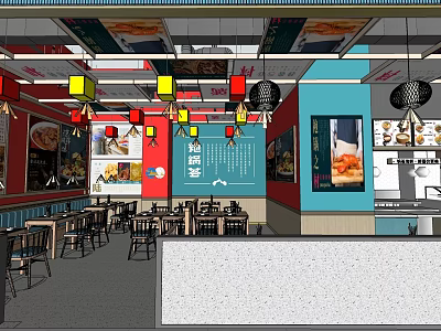 Colorful Restaurant Interior With Red Blue Walls Hanging Lights Tables Chairs And Menu Posters 3d model
