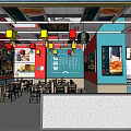 Colorful Restaurant Interior With Red Blue Walls Hanging Lights Tables Chairs And Menu Posters