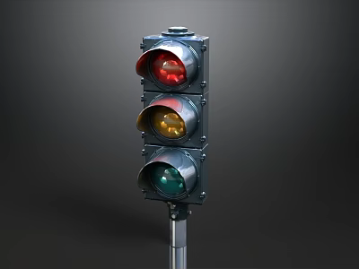 Classic Traffic Light With Red Yellow Green Lights On Metal Pole 3d model