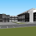 Contemporary Office Building Exterior Featuring Glass Facade Greenery Pedestrians And Parking Area
