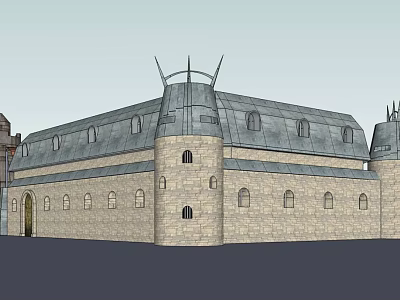 Medieval Castle Architecture With Stone Walls Arched Windows Gray Roof And Spires 3d model