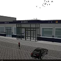 Service Station Exterior Featuring Blue And White Design People At Entrance Vehicles Parked Birds Flying