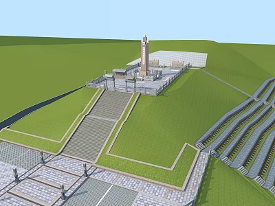 Garden Landscape Design With Green Lawn Stone Pathway Tall Tower Steps And Railing 3d model