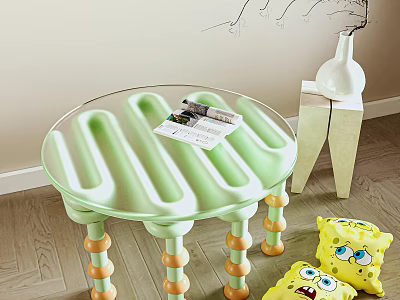 Round Green Coffee Table With Transparent Top And Colorful Spherical Legs 3d model