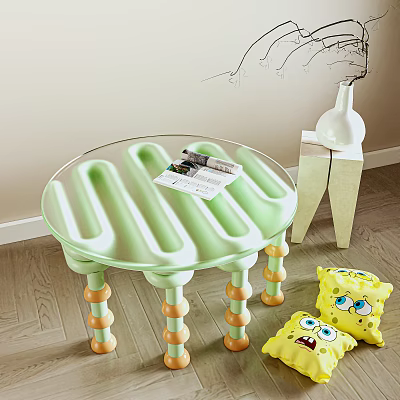 Round Green Coffee Table With Transparent Top And Colorful Spherical Legs 3d model