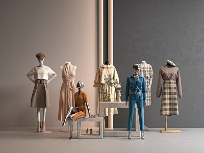 Mannequins Display Various Fashion Outfits In Standing And Sitting Poses With Minimalist Background 3d model