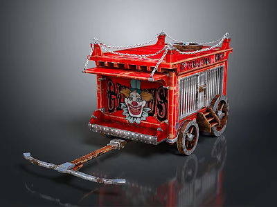 Red Clown Themed Mobile Cart With Decorated Exterior And Wooden Wheels For Carnival Events 3d model