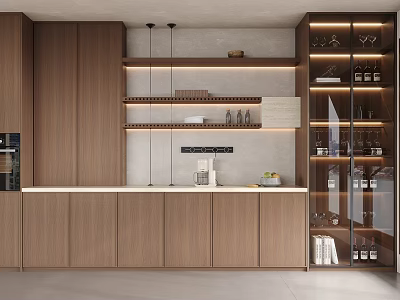 Modern Kitchen Wine Cabinet With Glass Door And Wooden Storage Displaying Bottles And Glasses 3d model