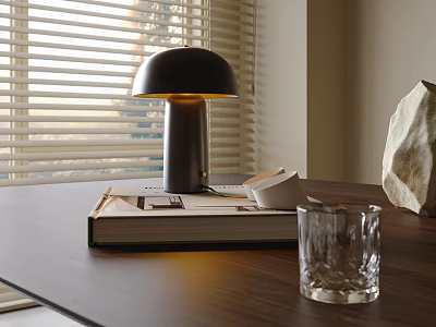 Black Mushroom Shaped Table Lamp On Wooden Desk With Open Book And Glass Cup 3d model