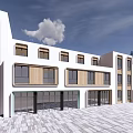 Modern School Building Exterior With White Facade Wooden Panels Large Glass Windows And Plaza Area