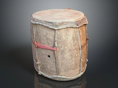 Traditional Musical Instrument Handcrafted Leather Drum With Round Head And Red Straps 3d model