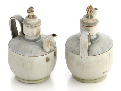 Two Handcrafted White Ceramic Vessels with Crackled Texture Spout Handle and Lid 3d model