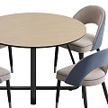 Modern Light Colored Round Dining Table Set With Blue And Beige Upholstered Chairs 3d model