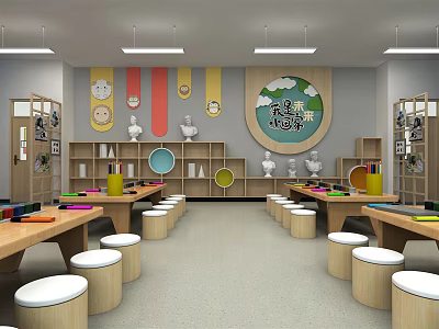 School Creative Art Classroom With Colorful Decorations Tables And Learning Tools 3d model