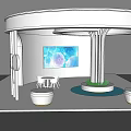 White Curved Exhibition Booth With Colorful Display Screen White Chairs Green Plant And Circular Seats