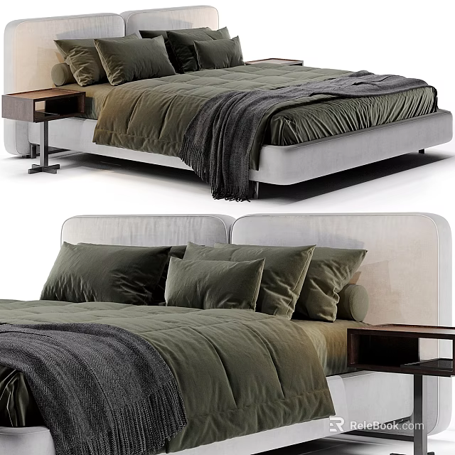 Double Bed with Dark Green Duvet Pillows and Upholstered Grey Headboard 3d model 