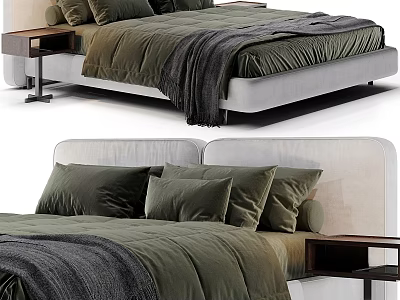 Double Bed with Dark Green Duvet Pillows and Upholstered Grey Headboard 3d model