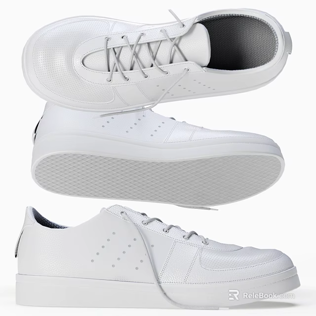 Stylish White Lace Up Casual Shoes With Perforated Upper And Textured Sole 3d model 