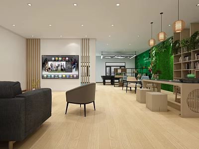 Modern Leisure Area Interior Featuring Sofa Chair TV Green Plant Wall Bookshelf And Pendant Lights 3d model