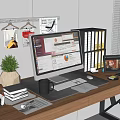 Organized Office Desk With Computer Monitor Keyboard File Folders Tablet And Potted Plant