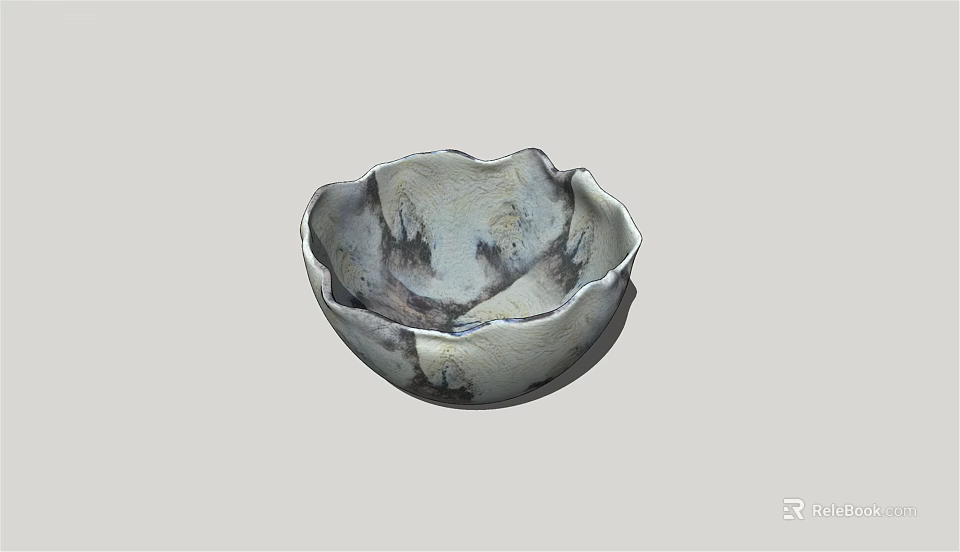 Ceramic Dining Bowl With Scalloped Edge And Marbled Gray White Texture 3d model