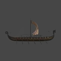 Ancient Viking Wooden Ship With Red White Striped Sail Carved Figureheads And Oars
