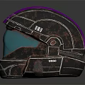 Futuristic Armored Helmet With Purple Top Rusty Body And Green Mesh Visor