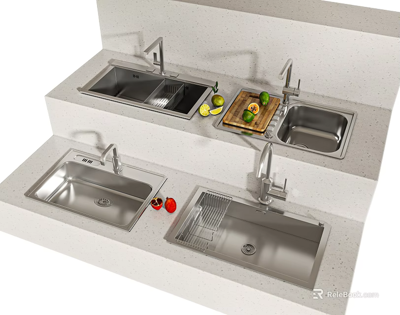 Stainless Steel Kitchen Sinks With Modern Faucet And Fresh Fruits Vegetables On Countertop 3d model 