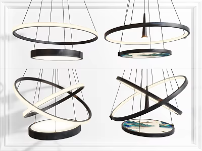 Modern Geometric Chandeliers with Circular and Intersecting Ring Designs Black Frames and White Light 3d model