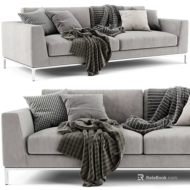 Cozy Gray Two Seater Sofa With Textured Pillows And Blankets For Living Room 3d model 