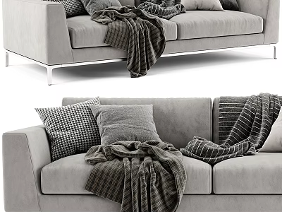 Cozy Gray Two Seater Sofa With Textured Pillows And Blankets For Living Room 3d model
