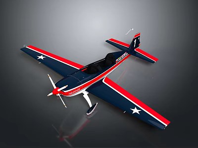 Blue and Red Airplane Model Featuring White Stars Propeller and Red Stripe Wings 3d model