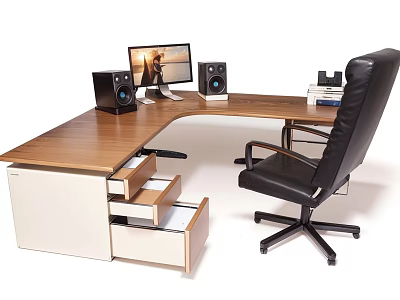 Wooden Office Desk With Computer Monitor Black Speakers Stack Of Books And Storage Drawers 3d model